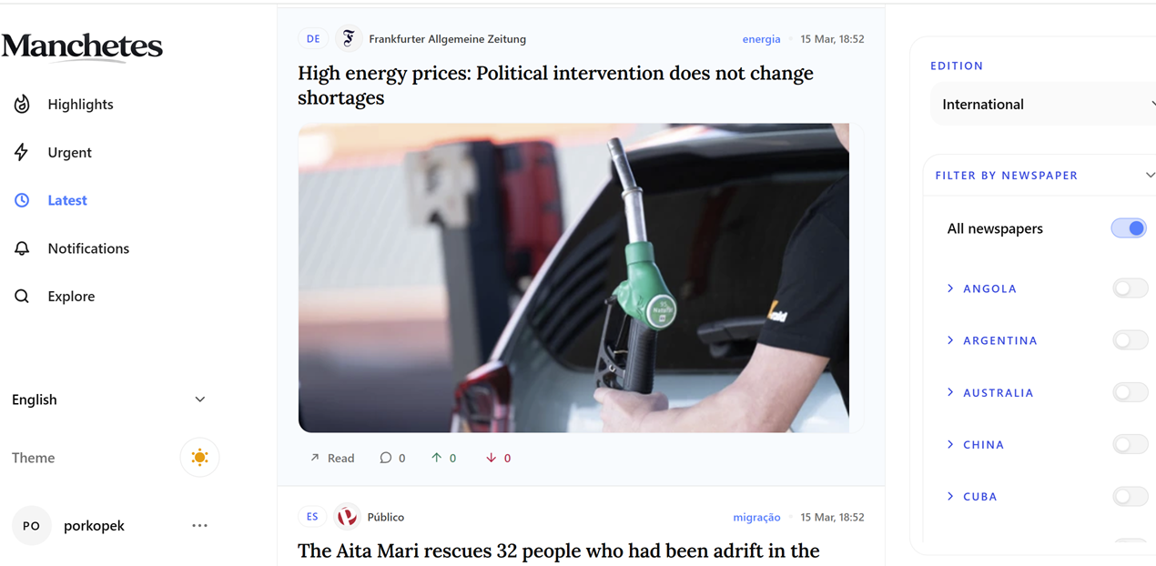 Pré-visualização da app Manchetes para partilha de notícias de política e desporto