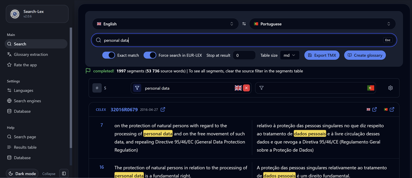 Pré-visualização da extensão Chrome Searchlex para tradutores da União Europeia