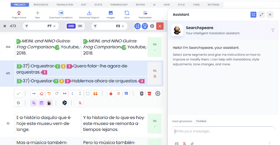 Pré-visualização do software Searchspeare para tradutores